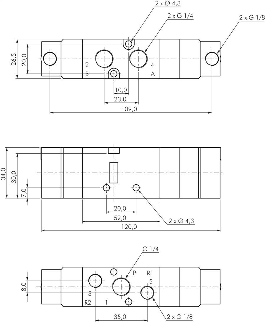 5/3-Wege Pneumatikventil, G 1/4" (Pilot u. Abluft G 1/8"), Mittelstellung geschl