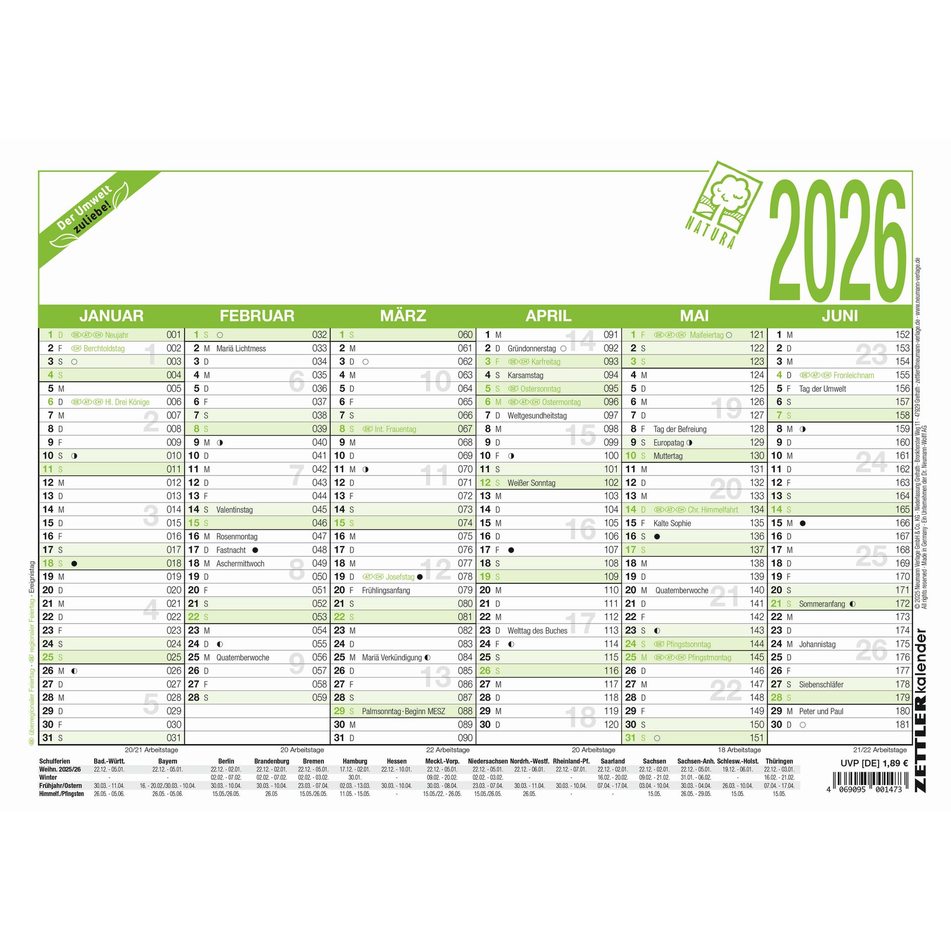 Arbeitstagekalender A4 quer 6M/1S