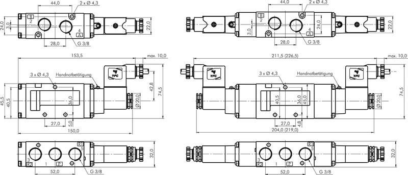 5/2-Wege Magnetventil, G 3/8", Federrückstellung, 24 V=