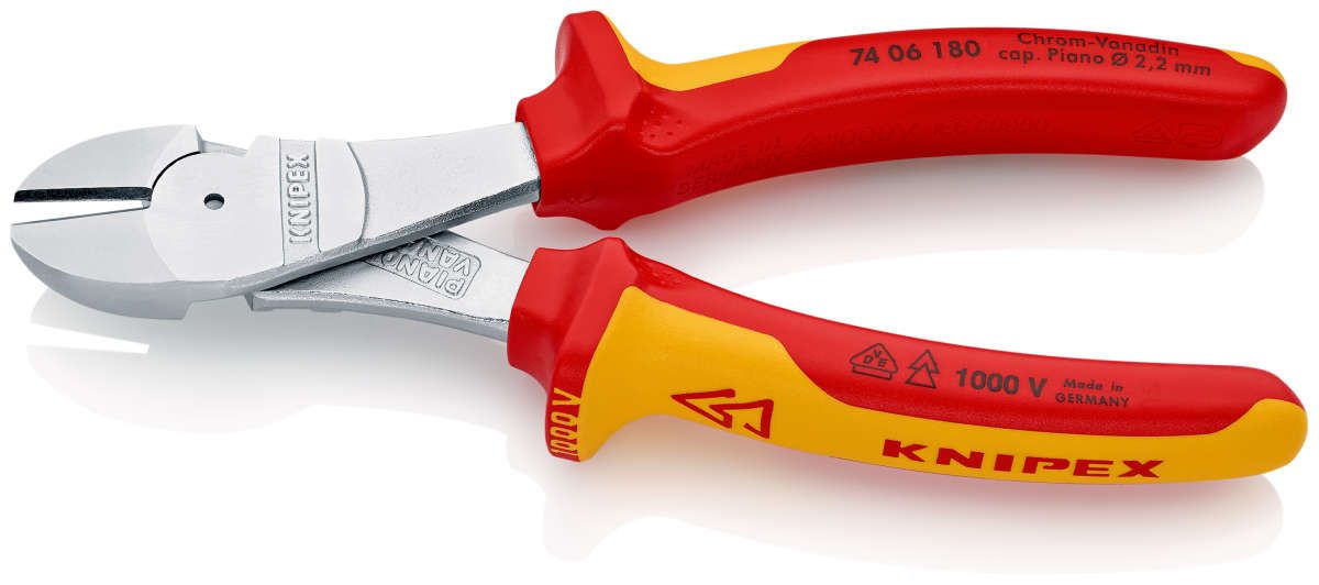 KNIPEX 74 06 180 Kraft-Seitenschneider isoliert mit Mehrkomponenten-Hüllen, VDE-geprüft verchromt 180 mm