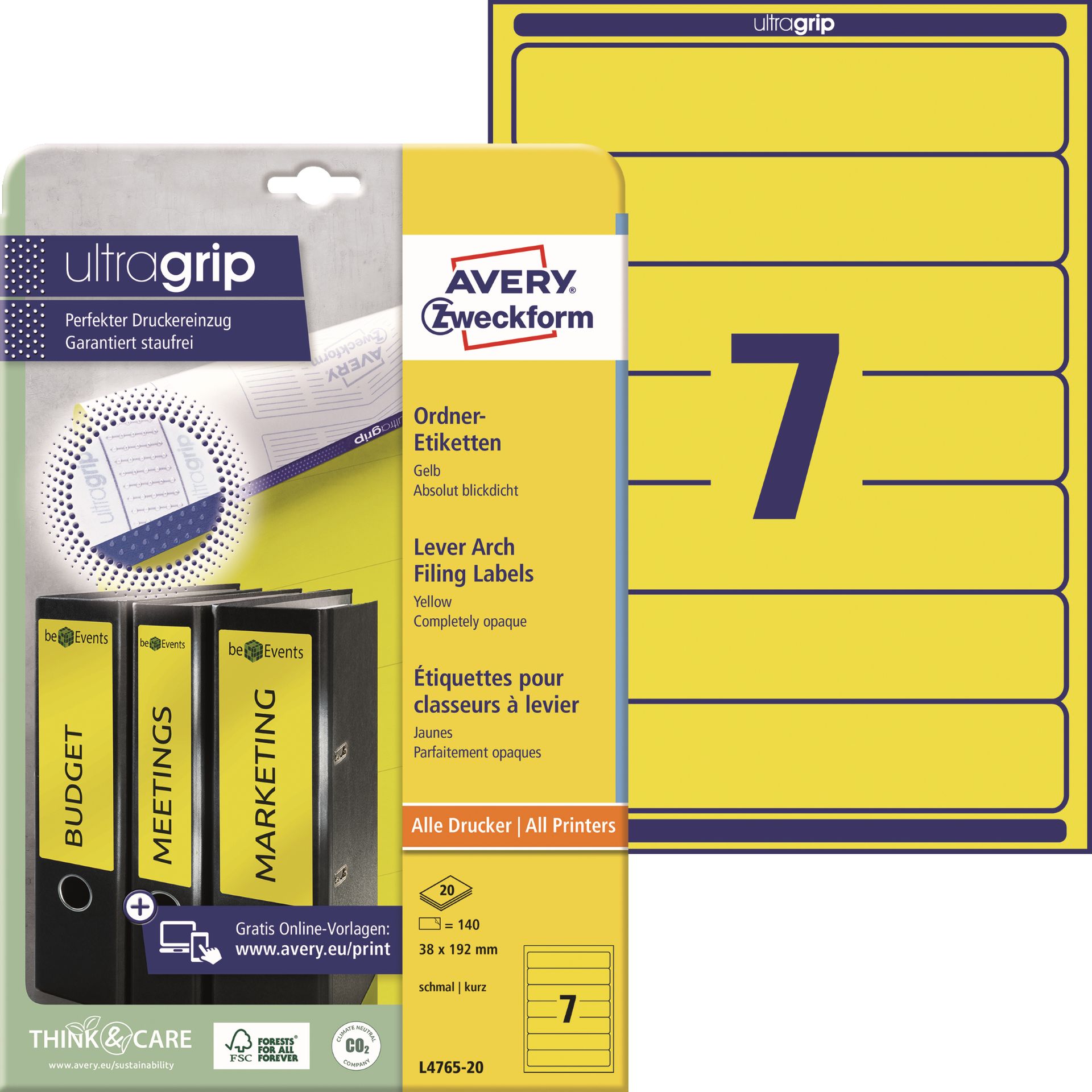 Ordneretikett 38x192mm ge 140 St./Pack.