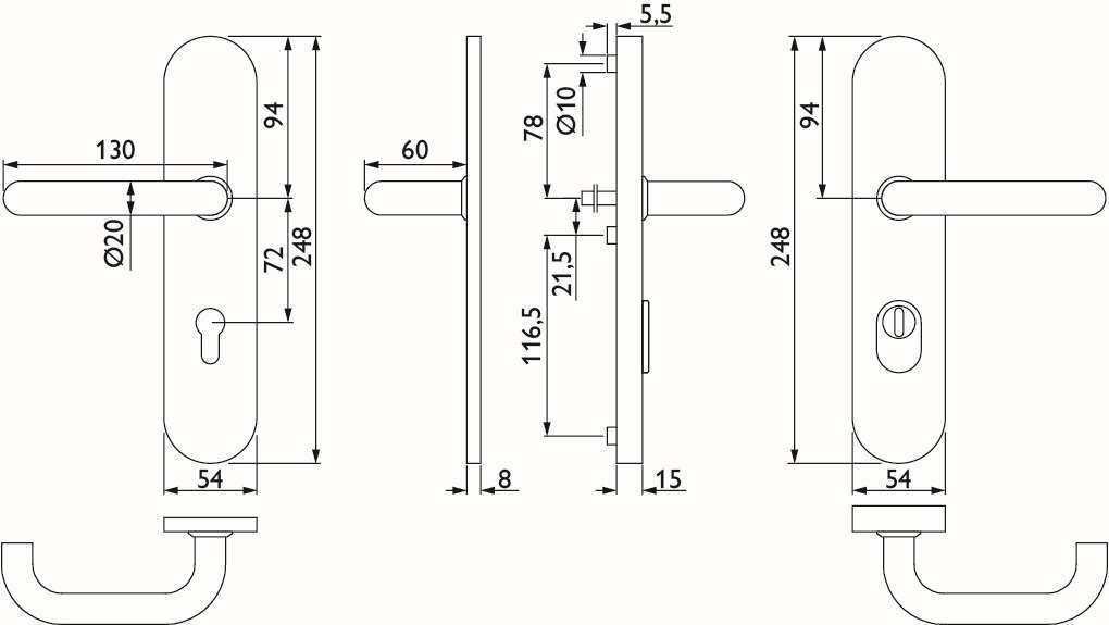 ZT-EN2-Schutz-Drückergarnitur 1801 BASIC 01 - mit Langschild 2089 KS - Ausf.: PZ 72 mm, Türstärke 36 - 53 mm