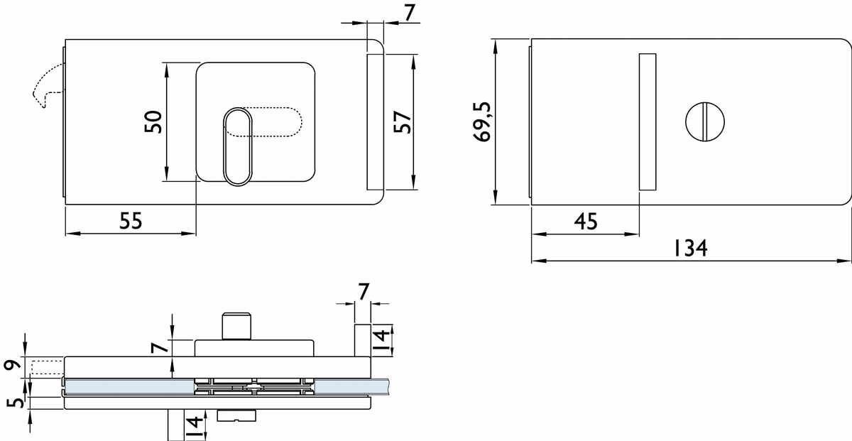 Glas-Schiebetürschloss 6907 BAD mit Hakenfalle - mit großem BAD Riegel und rot/weiß Anzeige - für Glasstärke 8 - 12 mm