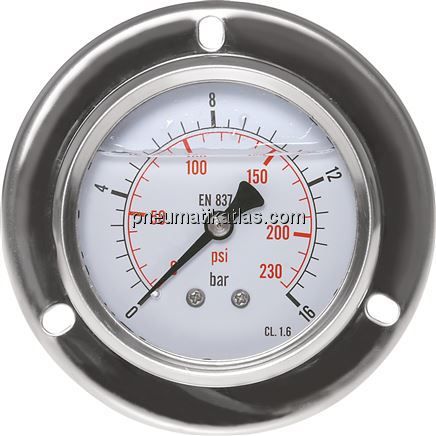 Glycerin-Einbaumanometer,Frontring, 63mm, -1 bis 0 bar