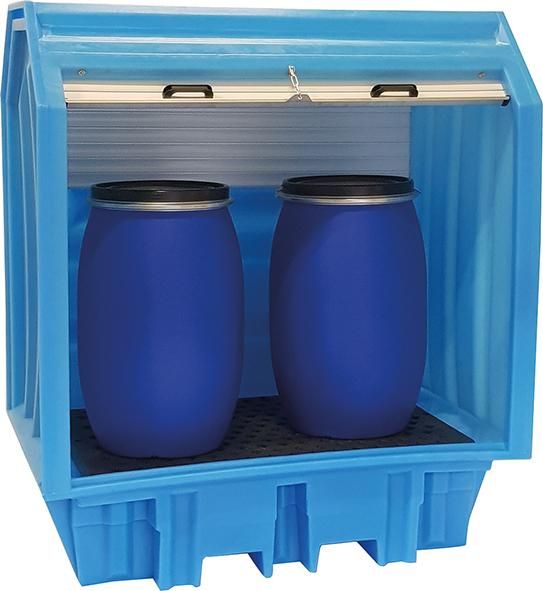 PE-Gefahrstoffdepot für Kleingebinde oder 2x220 Liter Fässer mit Rolltor, 230 Liter