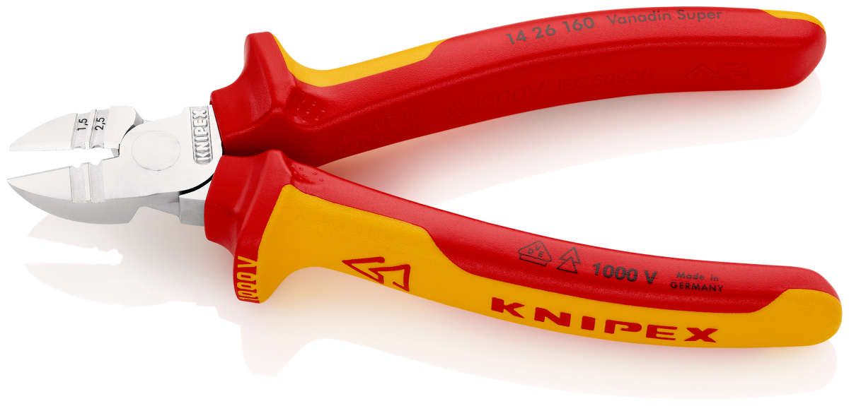 KNIPEX 14 26 160 Abisolier-Seitenschneider isoliert mit Mehrkomponenten-Hüllen, VDE-geprüft verchromt 160 mm