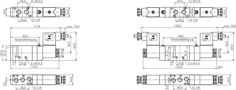 5/2-Wege Magnetventil, G 1/8", Federrückstellung, 24 V=
