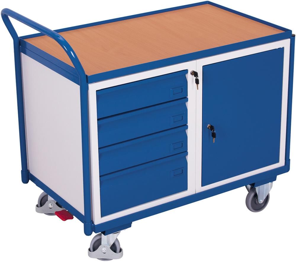Tischwagen 250kg B1125xT625xH1010mm RAL 7035/5010 4 Schubladen, 1 Schrank