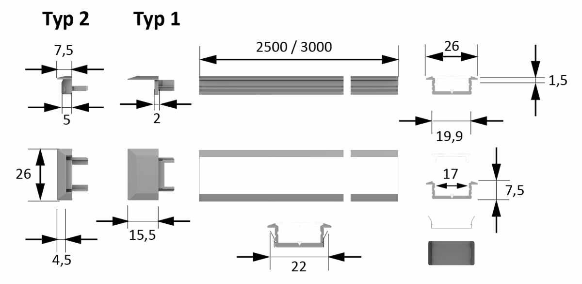 ChannelLine C Alu/Opal, L=3000, 10-er Set