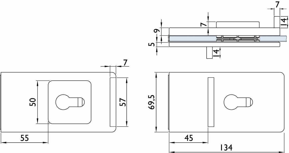 Glas-Schiebetürschloss 6907 PZ mit Hakenfalle - mit aufgesetzter kantiger PZ Rosette - für Glasstärke 8 - 12 mm