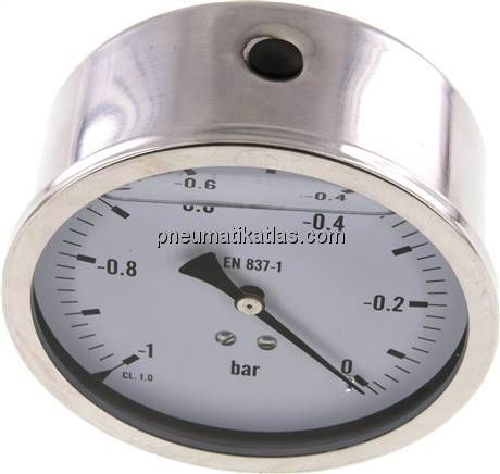 Glycerin-Manometer waagerecht (CrNi/Ms),100mm, -1 bis 0bar