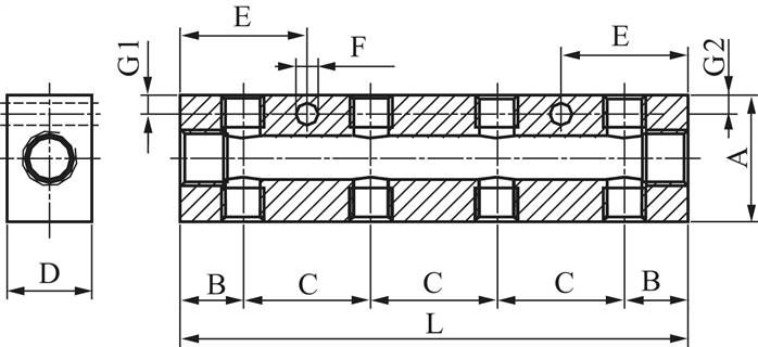 Verteilerleiste 2 x G 1/8"-4 x M 5, Aluminium eloxiert