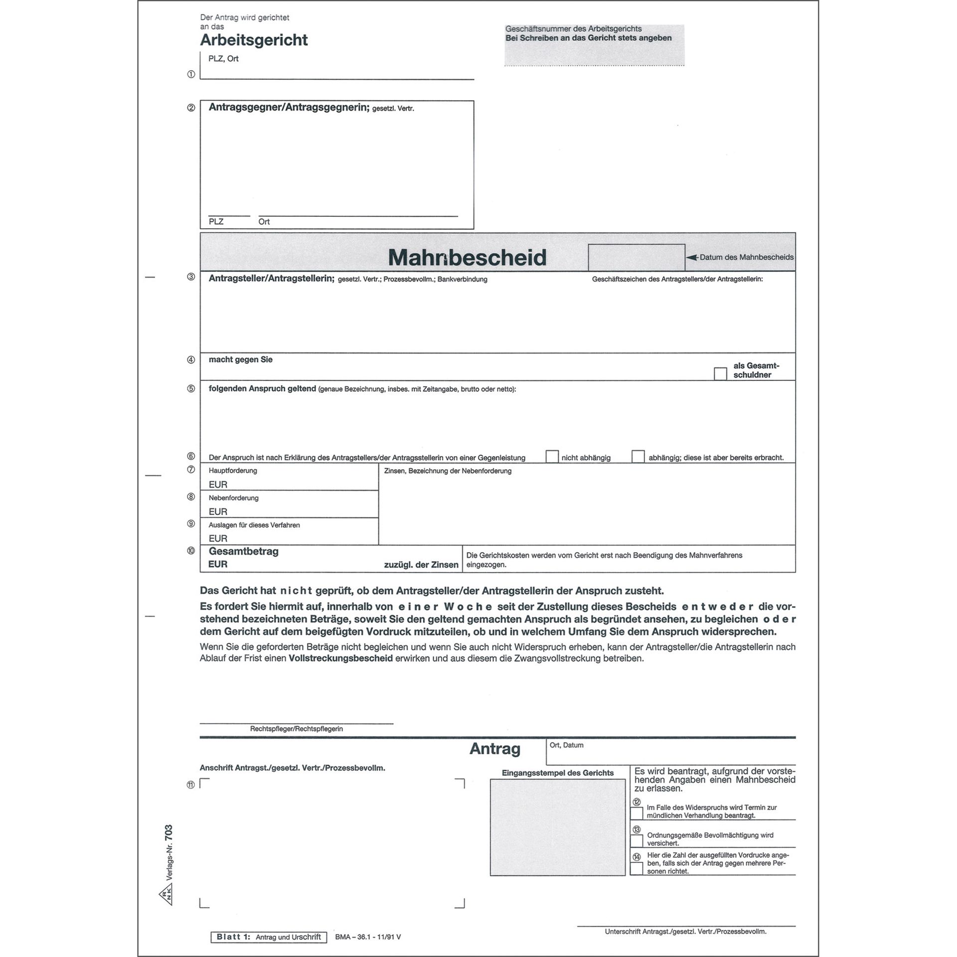 Mahnbescheid  Arbeitsgericht A4 sd