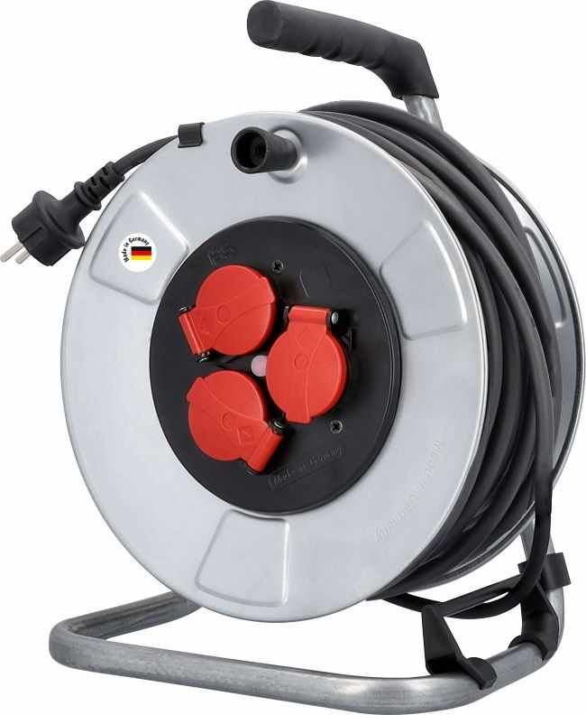 Metall-Kabeltrommel 25m H05RR-F 3G1,5 leichte Gummileitung, 3 Dosen 230V/16A, IP44