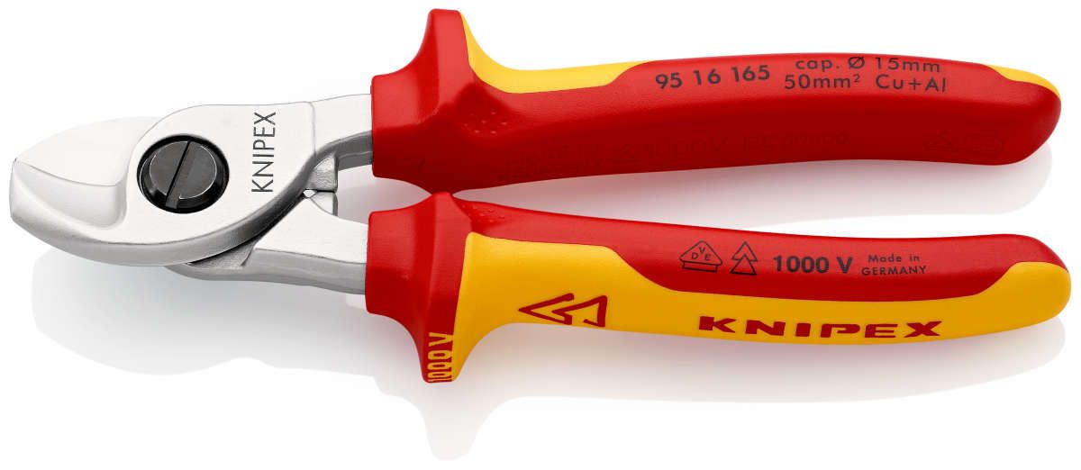 KNIPEX 95 16 165 Kabelschere isoliert mit Mehrkomponenten-Hüllen, VDE-geprüft verchromt 165 mm