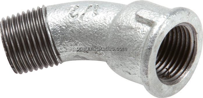 45°-Bogen Rp 1/4"(IG)-R 1/4"(AG), Temperguss verzinkt