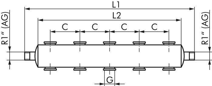 Verteilerleiste 2 x R 1"-10 x G 1/4", 1.4571