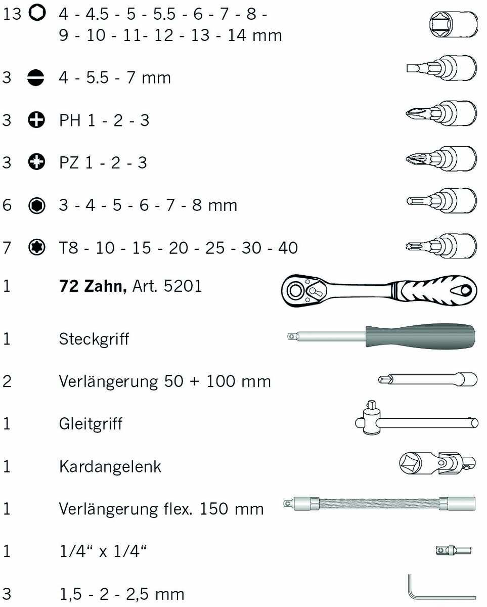 "1/4"" Steckschluessel Satz 46tlg proficraft, 72 Zah"