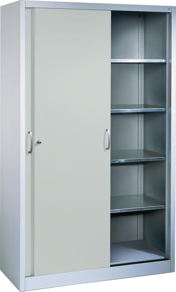 Schiebetürenschrank B1200xT400xH1950 mm RAL 7035, 4 Fachböden CP