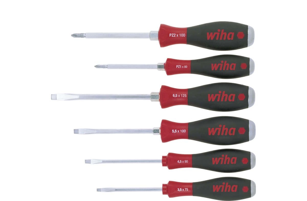 Wiha Schraubendreher Set SoftFinish® Schlitz, Pozidriv 6-tlg. mit durchgehender Sechskantklinge und massiver Stahlkappe (21251)
