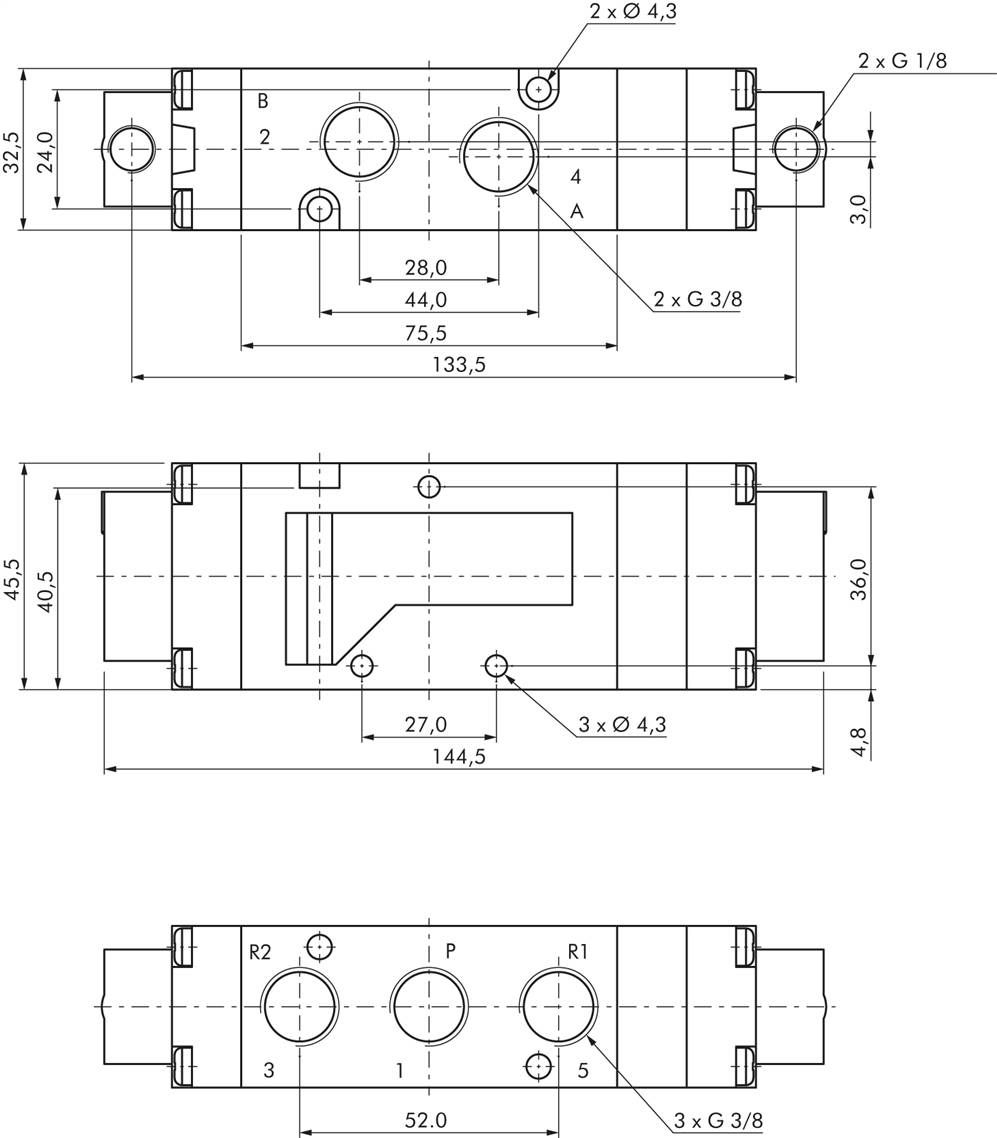 5/3-Wege Pneumatikventil, G 3/8" (Pilot G 1/8"), Mittelstellung geschlossen
