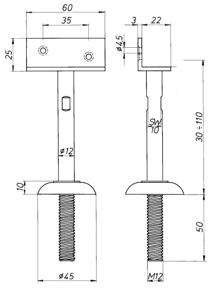 Trennwandstütze 5250 Silber Elox. M12