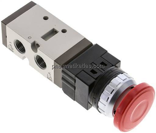 5/2-Wege Ventil G 1/4" (Abluft G 1/8"), Pilztaster rot