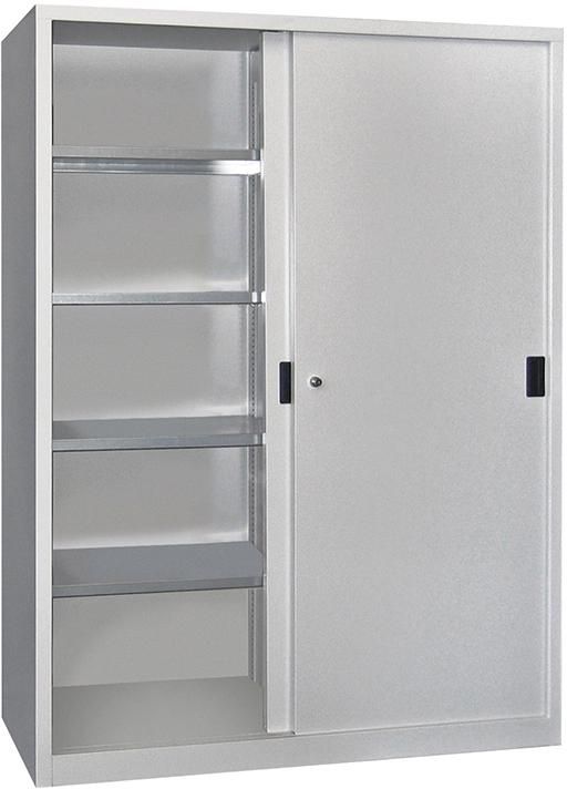 Schiebetürenschrank B1500xT400xH1950 mm 8 Böden verz. Mittelwand RAL 7035