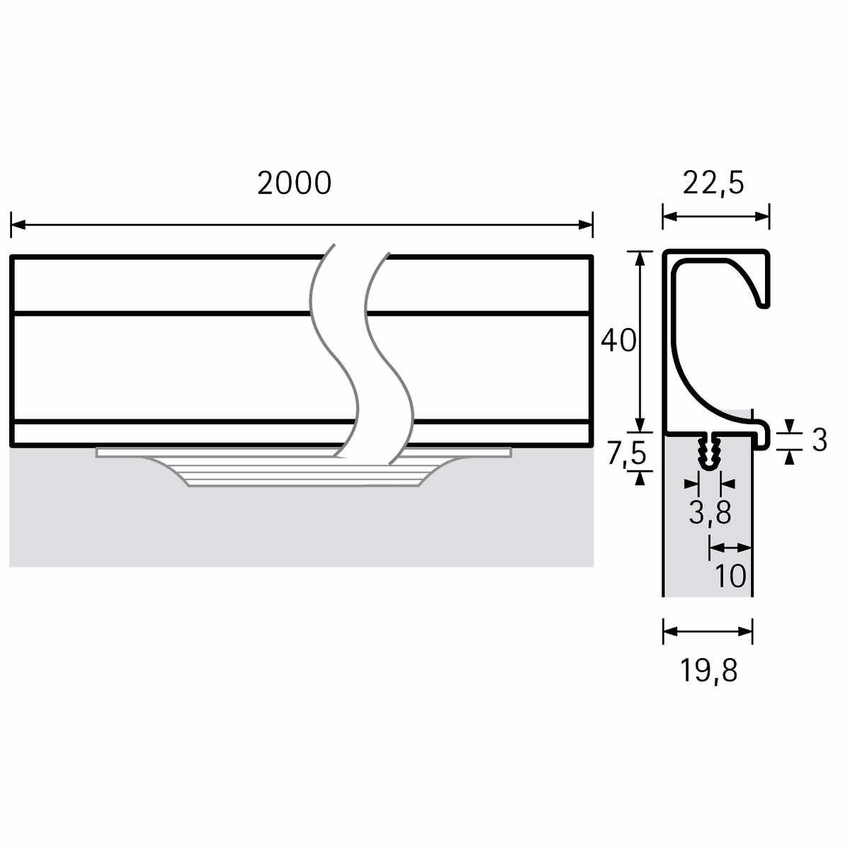 Griffleiste Eslinga, L 2000 mm, B 23 mm, H 40 mm,