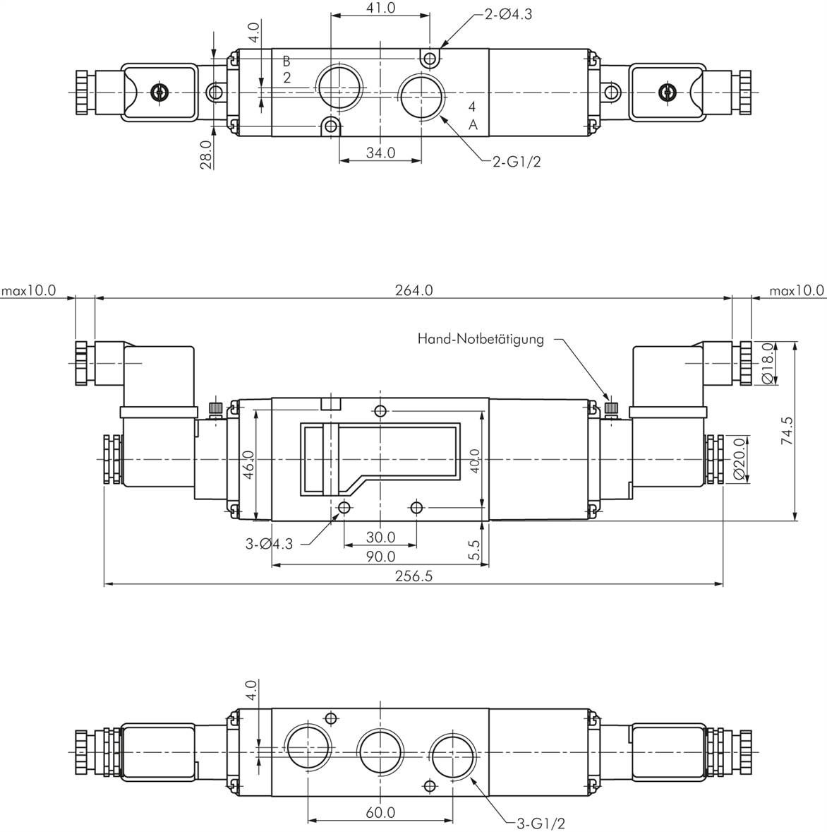 5/3-Wege Magnetventil, G 1/2", Mittelstellung geschlossen, 24 V=