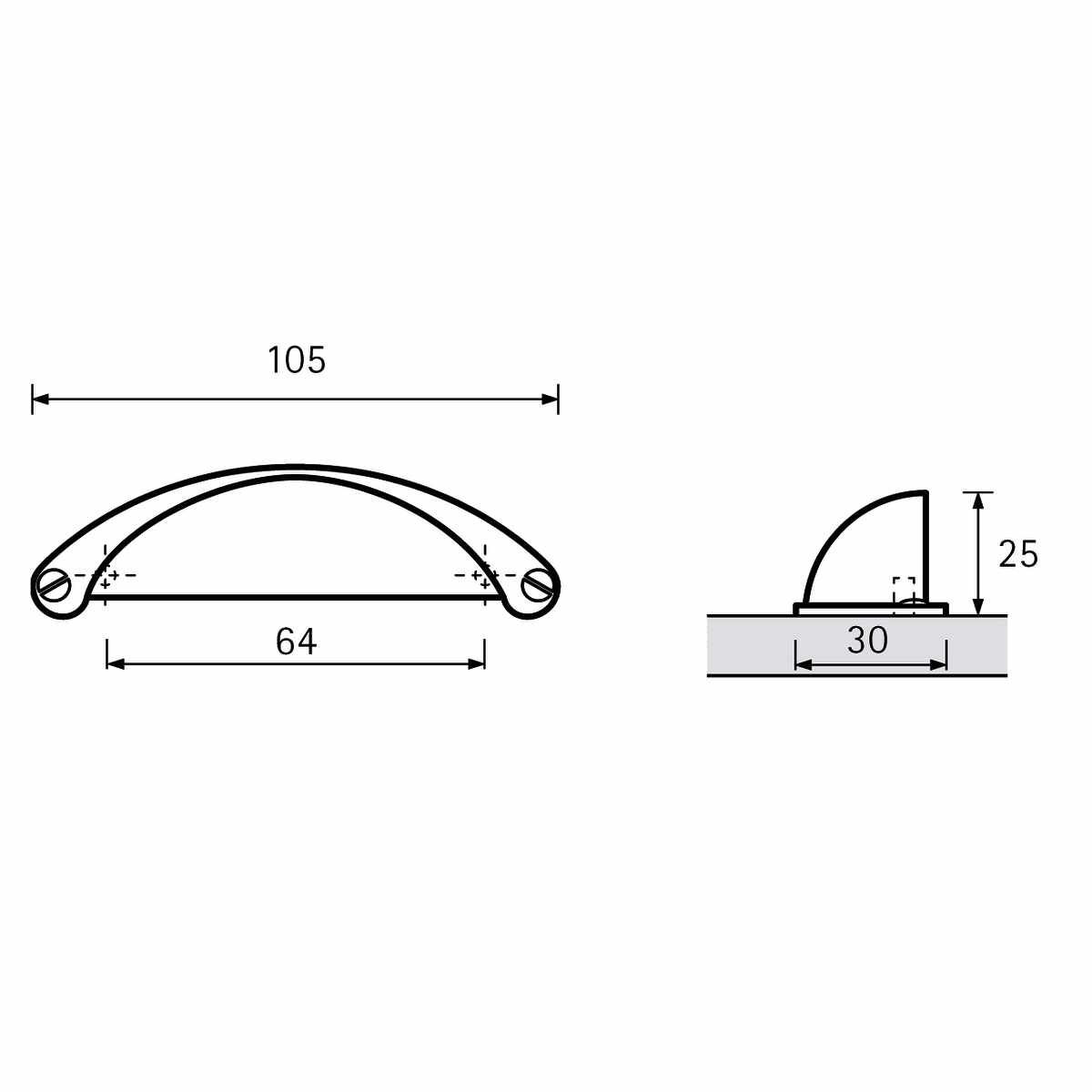 Griff Matane, Bohrabstand 64, L 105 mm, B 30 mm, H