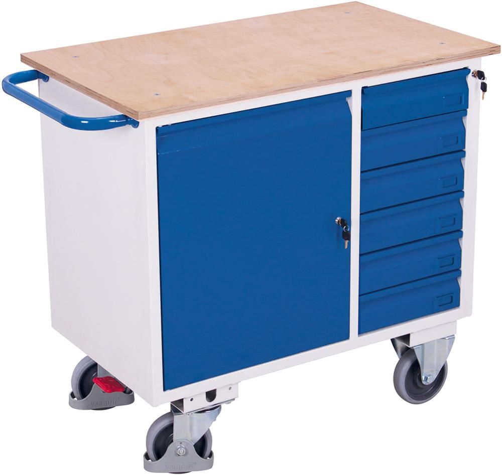 Werkstattwagen 400kg B1110xT600xH960mm RAL 7035/5010 6 Schubladen, 1 Schrank