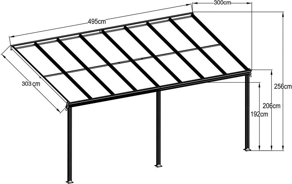 Terrassenürdachung IImi t 3 Standfuß496 x 303 x 206/258 cm