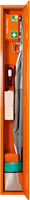 Sanitäts-Stehschrank B300xT200xH2000 mm gefüllt mir Trage und Erste-Hilfe-Koffer