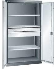 Flügeltürenschrank B1100xT641xH1950mm RAL 5012,Vollblechtür 3 Böden,2 Schubladen