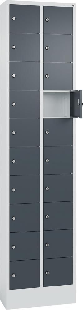 Kleingefachschrank B460xT200xH1950 mm RAL 7035, mit Sockel 2x10 Fächer