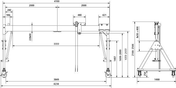 Aluportalkran fahrbar H1699-2099 mm 500 kg TL 4000 mm Alu-Einzel-Träger