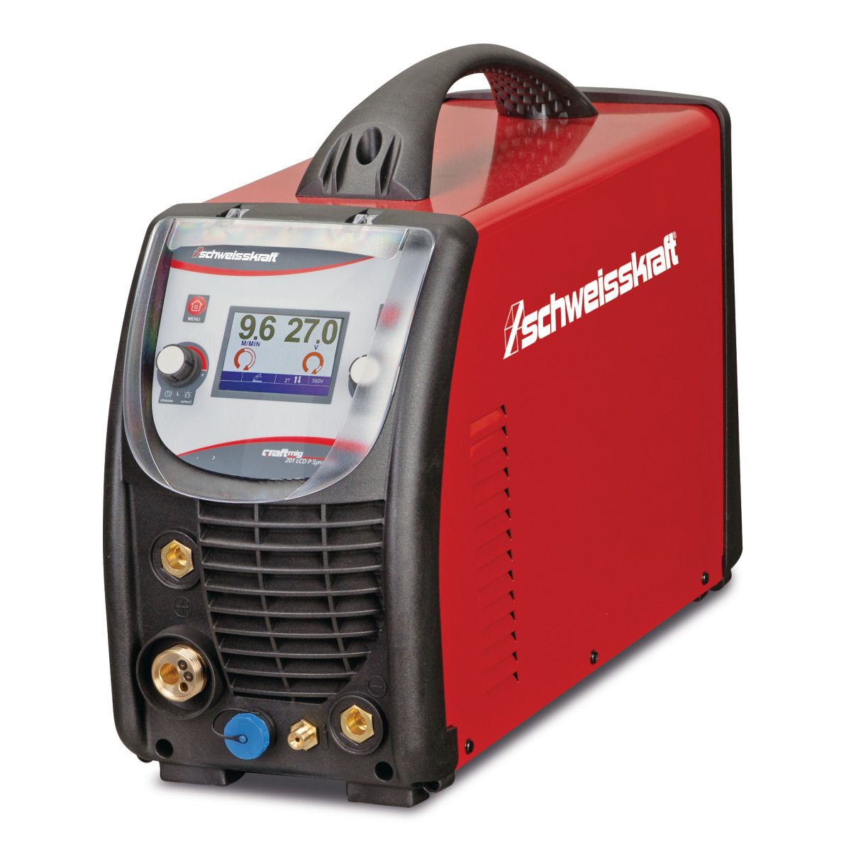 Impuls-Schutzgasschweißgerät Schweisskraft CRAFT-MIG 201 LCD P Synergic inkl. Schweißhelm und Handschuhe