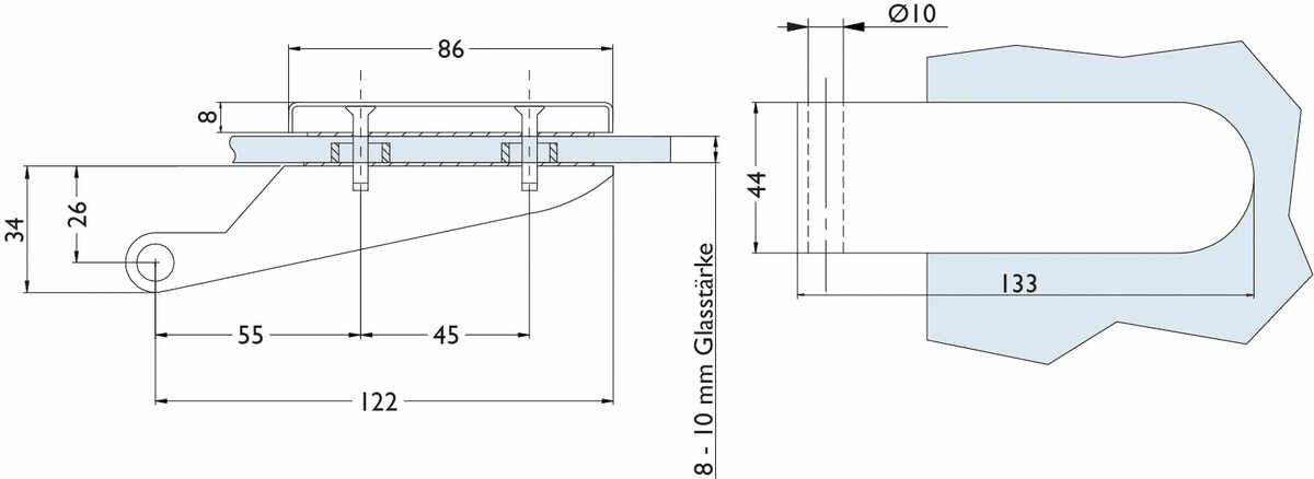 Glastür-Bandpaar 6215 - 2 tlg. (Studiobohrung) ohne Rahmenteile - inkl. Hülsen für Rahmenteile - max. empfohlene Türbreite 865 mm