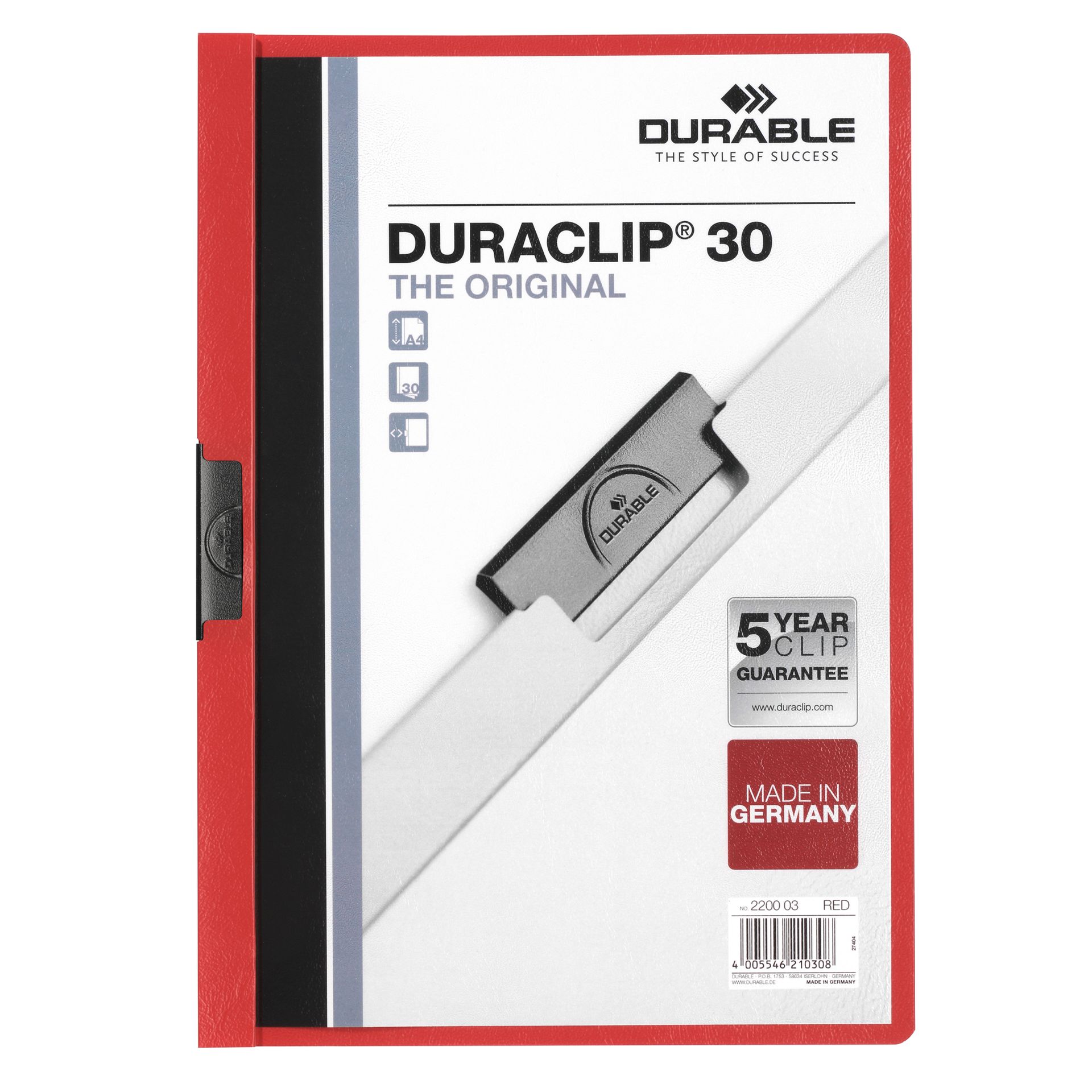 Klemmmappe DURACLIP 30 DIN A4 Hartfolie rot