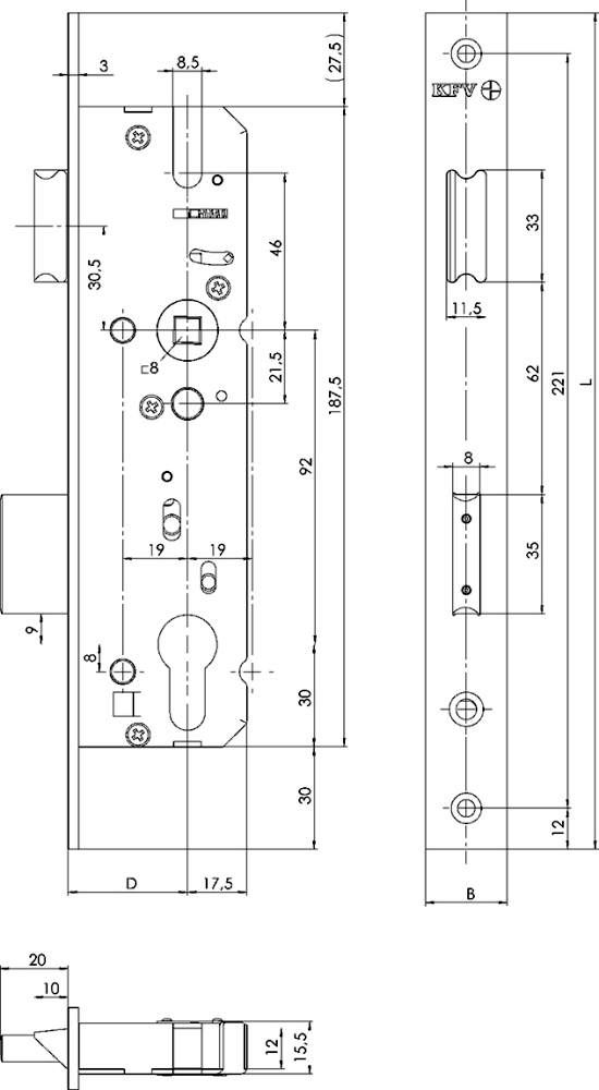 PT-Einsteckschloss, PZ,E92,VK10D65,16kt,DL/DR