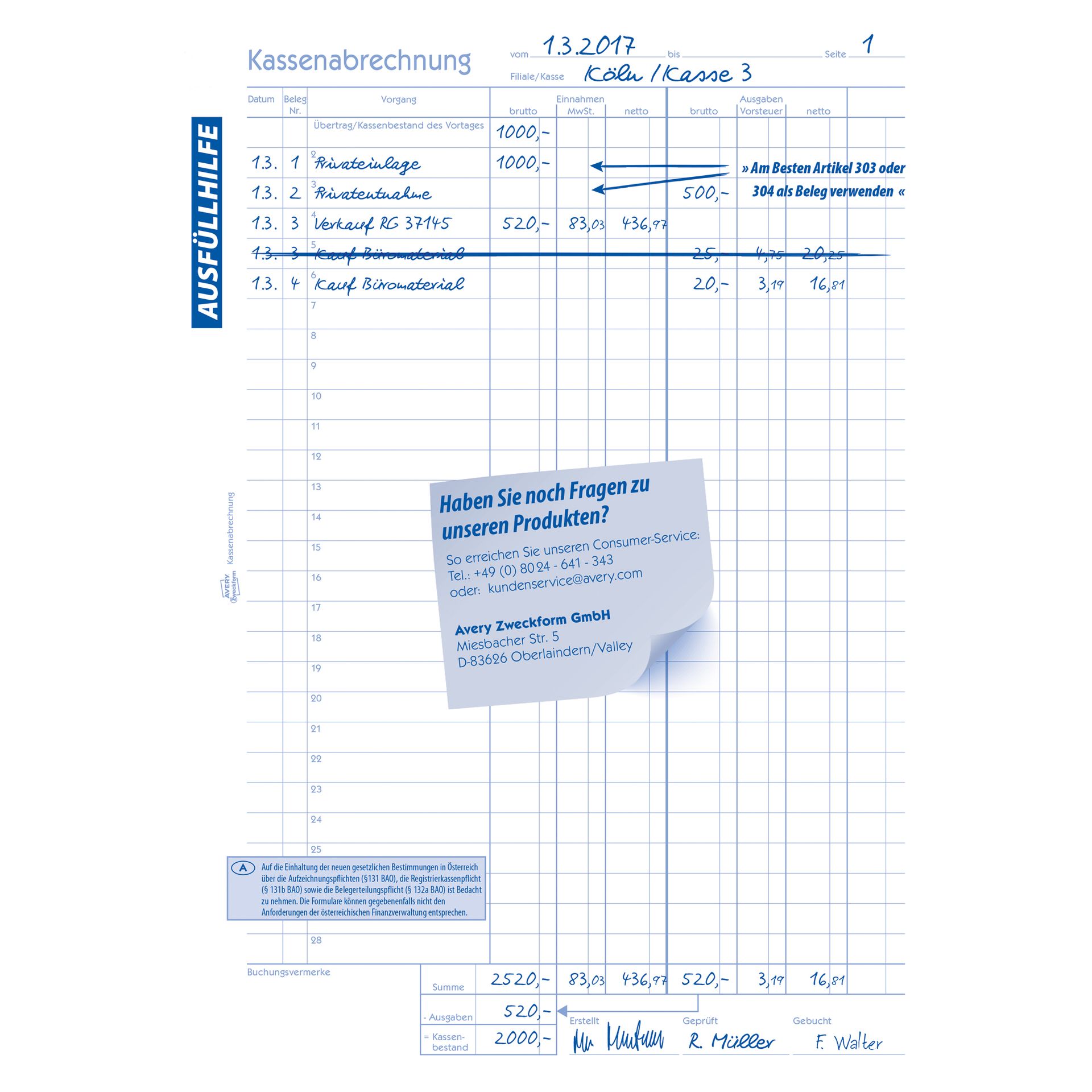 Kassenabrechnung DIN A4 2x50Blatt