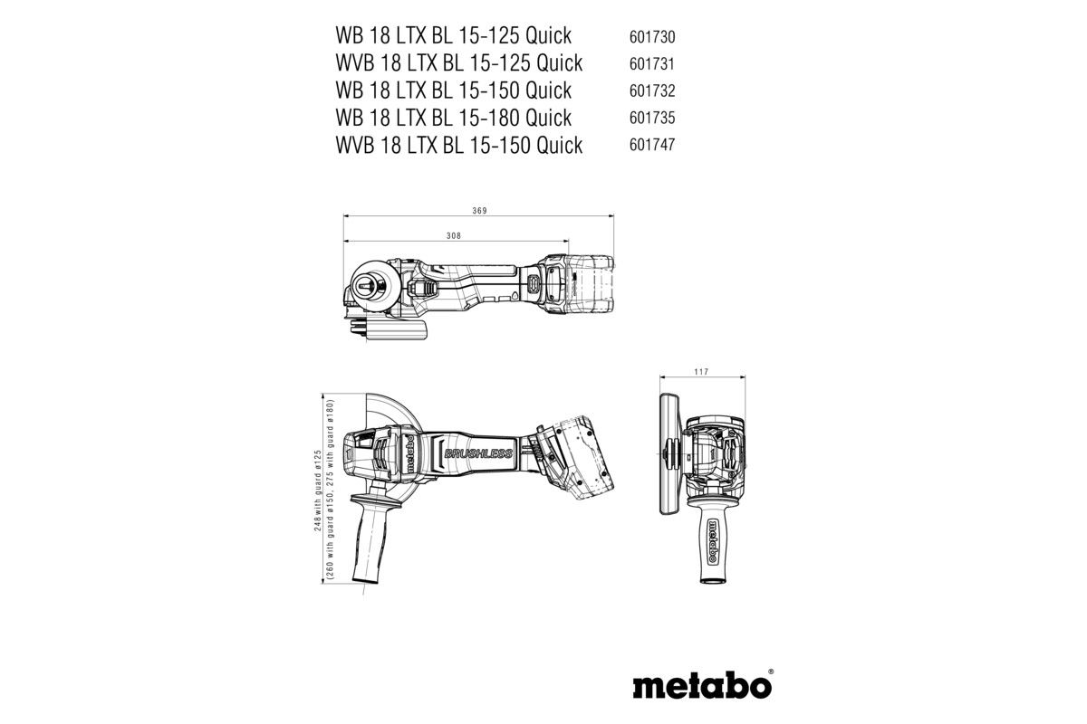 Akku-Winkelschleifer soloWB 18 LTX BL 15-180 Q ohne Akku ohne Ladegerät metaBOX