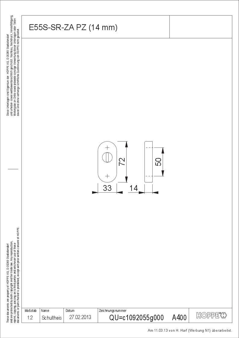 Hoppe/Schieberosette 55S-Sr-Za 14mm Er.