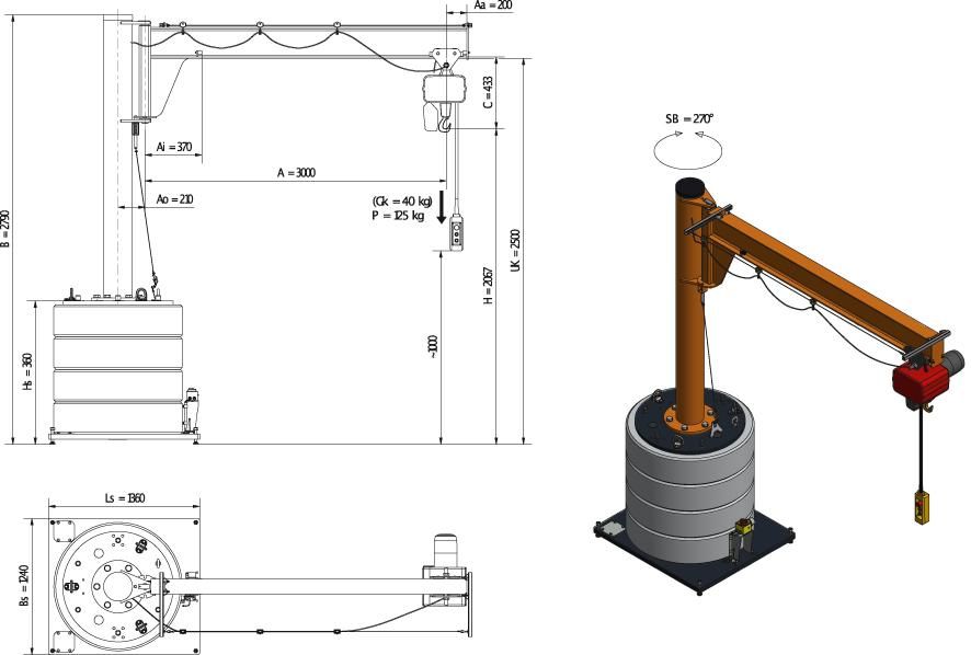 Mobiler Säulenschwenkkran125kg,3,0m,270 MOBILUS+Elektrokettenzug MOB12-AS1,25-3,0