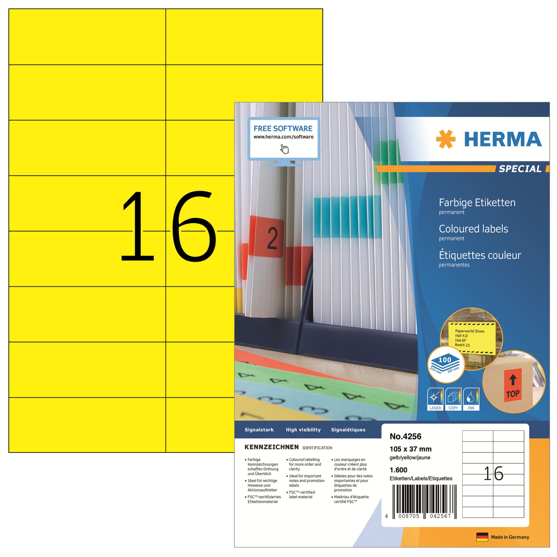 Etikett 105x37mm A4 gelb 1.600 St./Pack.