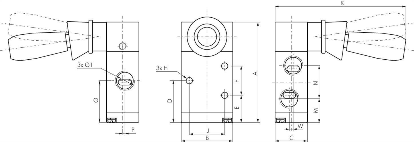 3/2-Wege Handhebelventil, Federrückstellung, G 1/8"