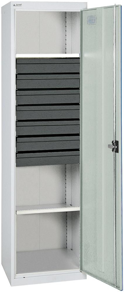 Werkzeugschrank B500xT500xH1800 mm RAL7035 7 Schubladen, 2 Wannen