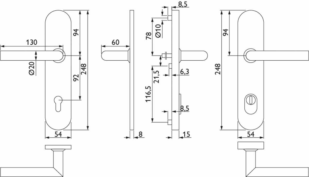 HT-EN2-Schutz-Drückergarnitur 1802 BASIC 02 - mit Langschild 2091 KSH - Ausf.: PZ 92 mm, Türstärke 60 - 80 mm