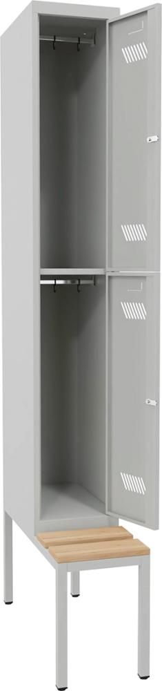 Kleiderschließfachschr. 2 Fächer 1 Abteil 300mm mit Bank RAL 7035 B300xT500xH2150mm